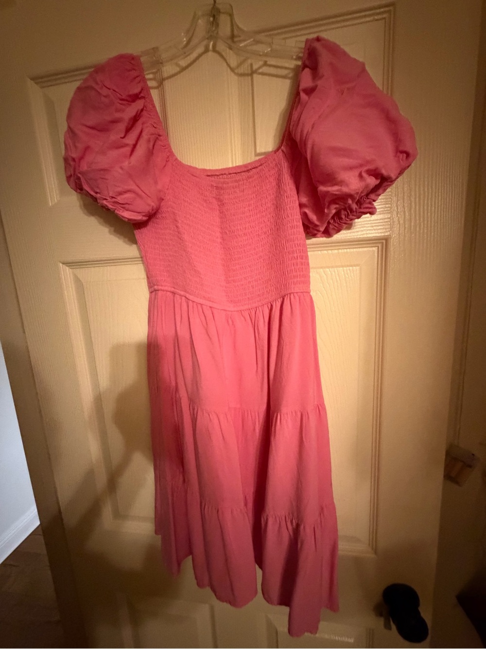 Pink Puff-Sleeve Tiered Dress